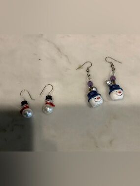 Handmade Snowman Dangle Earrings - White & Blue